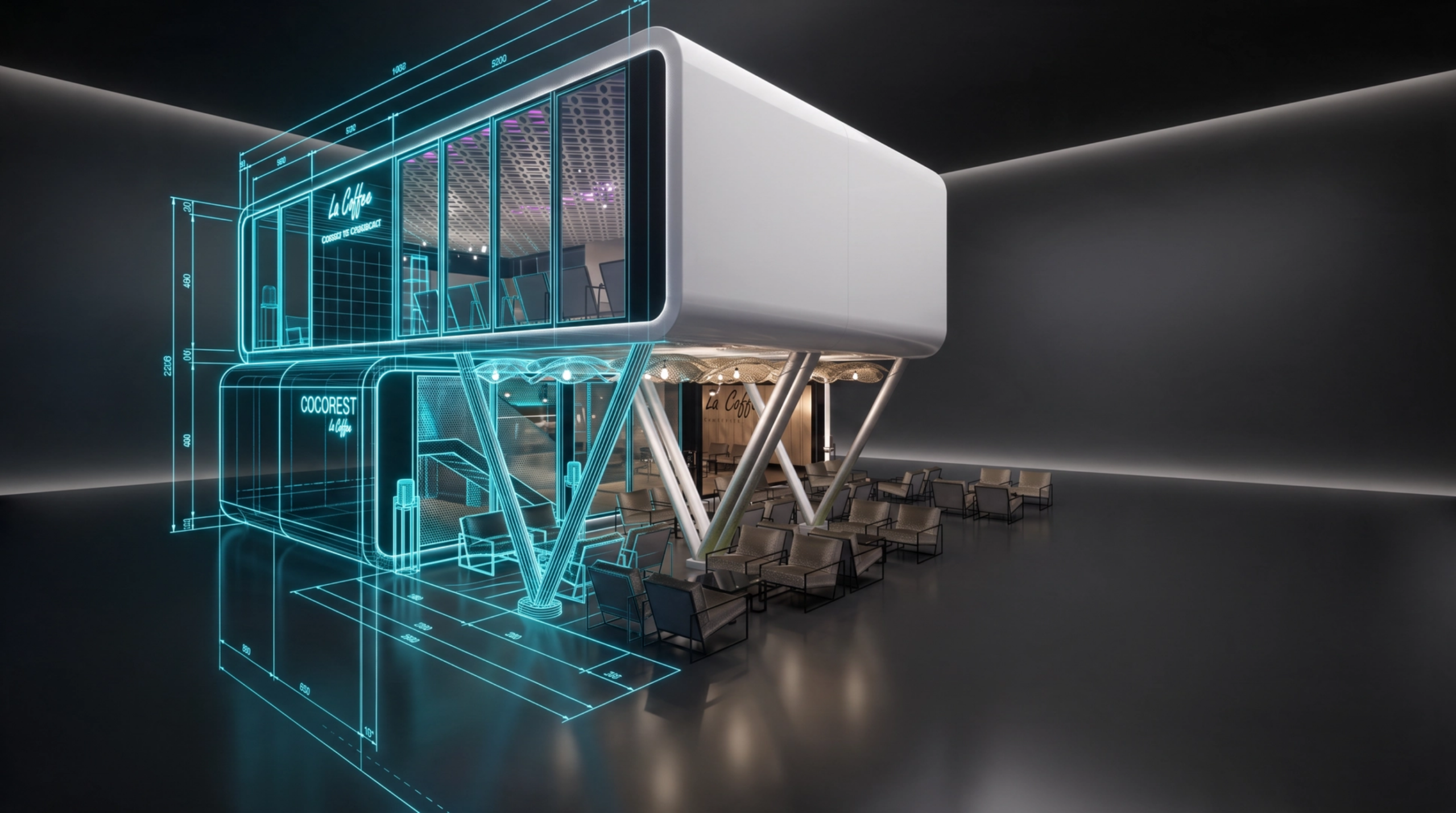 COCOREST La Coffee — wizualizacja koncepcyjna z rysunkiem technicznym